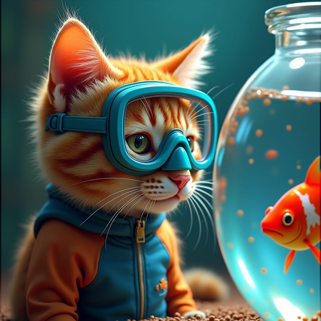 Cat Snorkeler Observes Goldfish: Digital Art