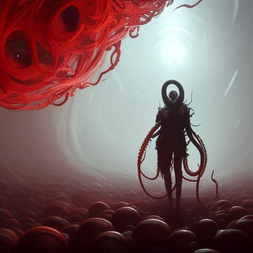 Humanoid red sphere with hundreds of tentacles, floating in a dark and ...