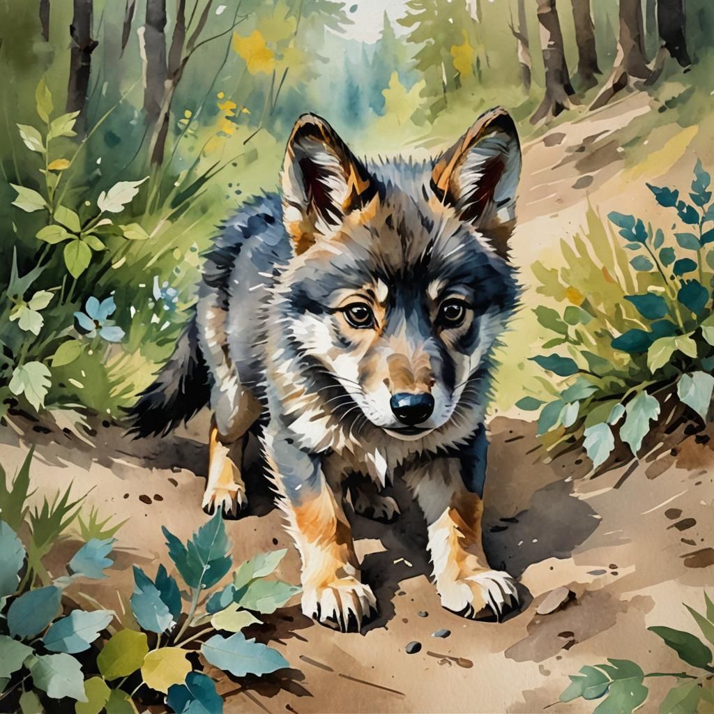 Cute Baby Wolf in Gouache Watercolor Style