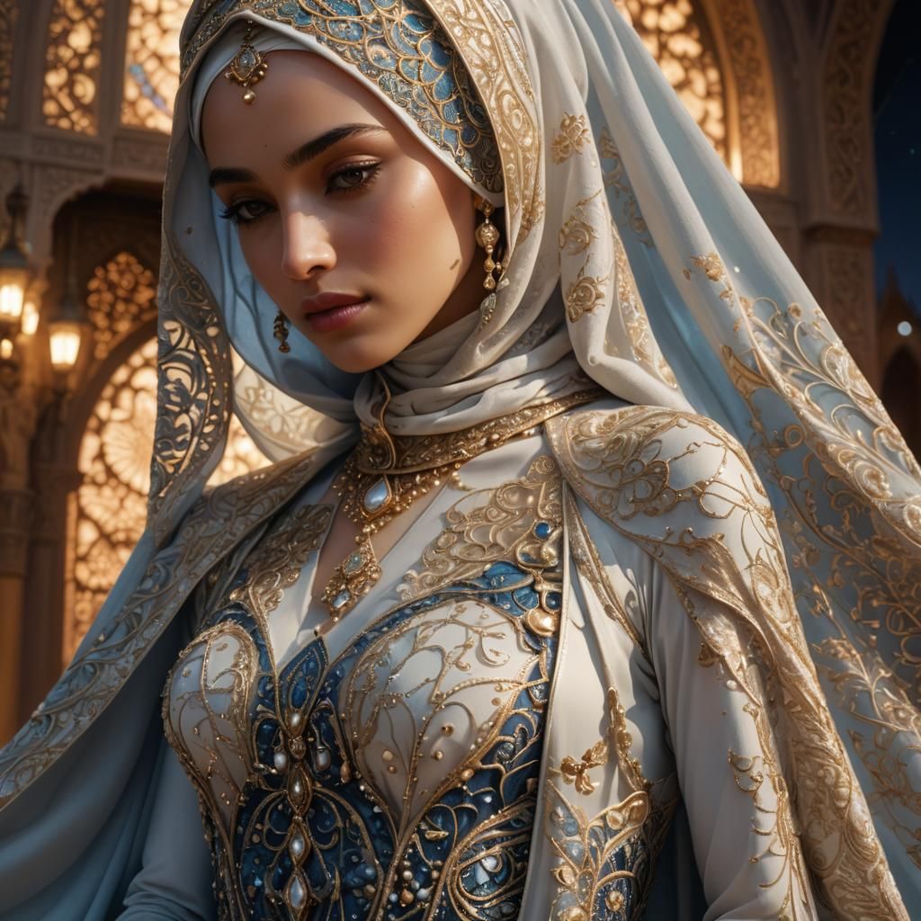 A hijab girl wears zinc gown and vain and hijab 
On hijab the hijab and gown decorated with pearls 
The skin colour is white