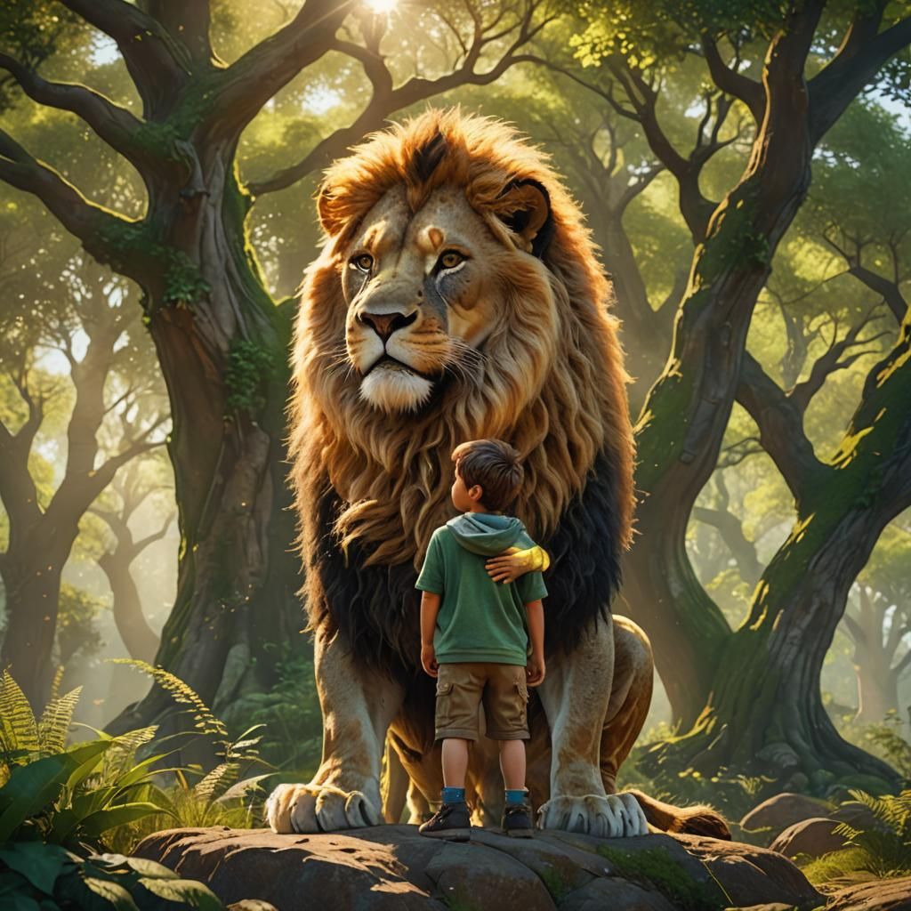 Lion Embracing Boy in Sunlit Forest