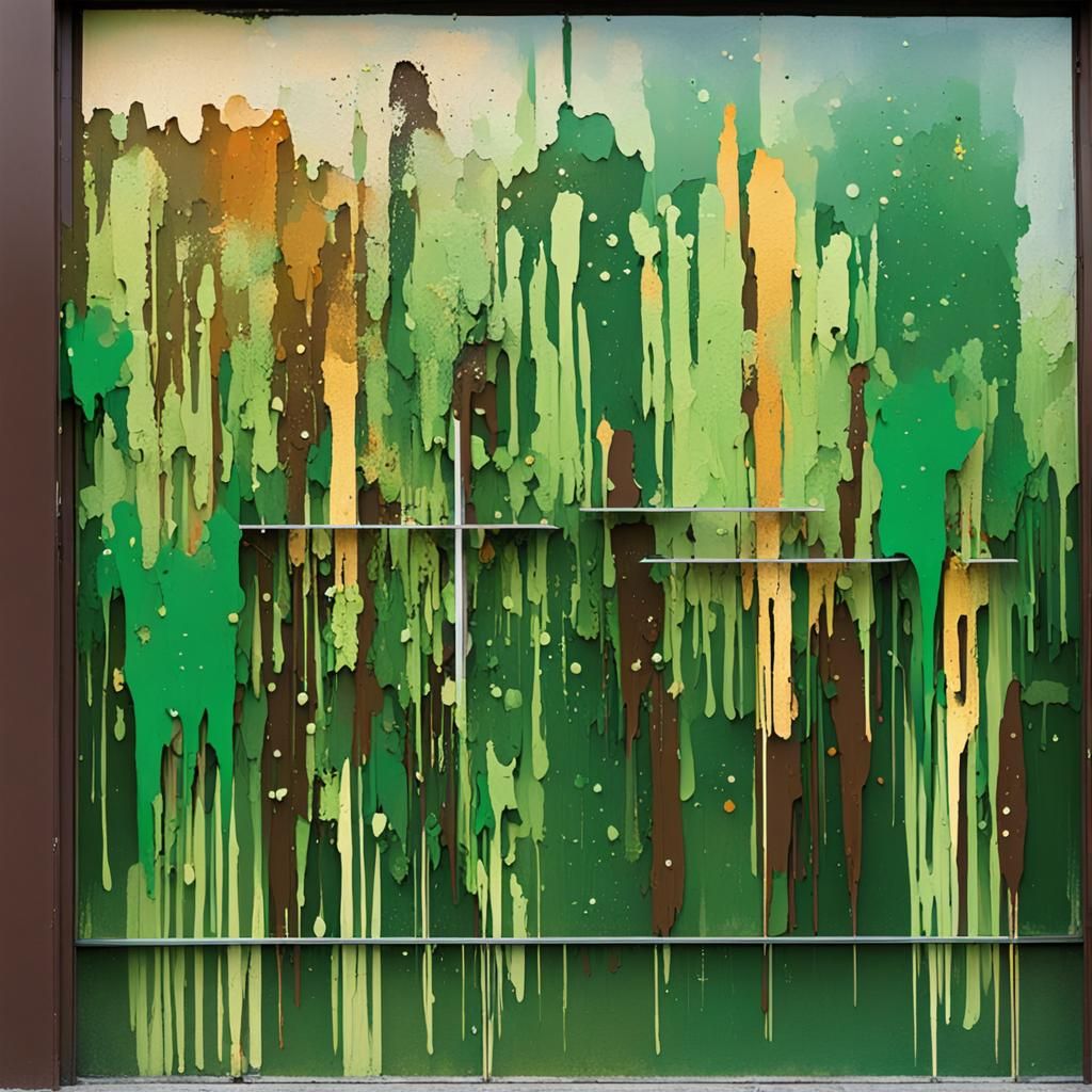 Green and Brown Splashed Paint on a Storefront Window