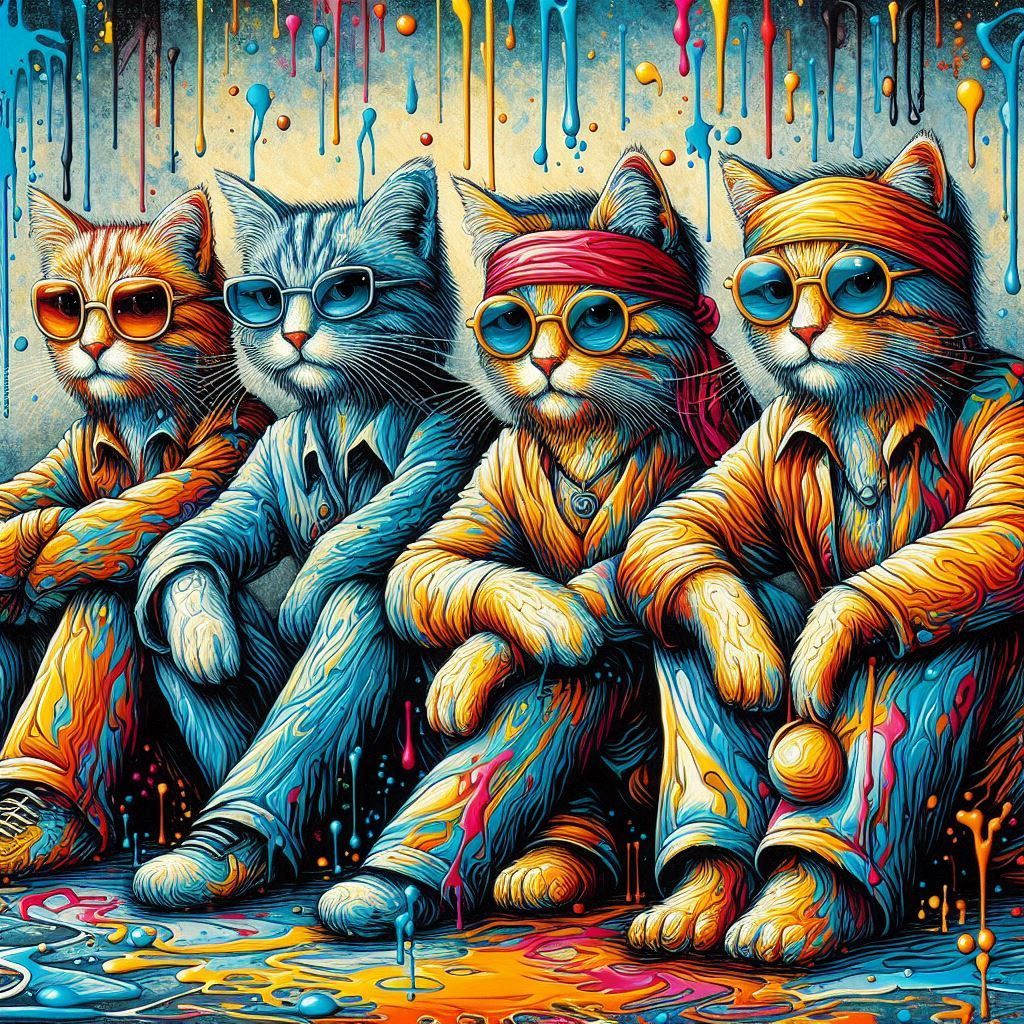 🕶️ Katzen in cooler Mission – Stilvolle Viererbande trotzt tropfender Farben in knalligen Outfits    by @bedisi yseven