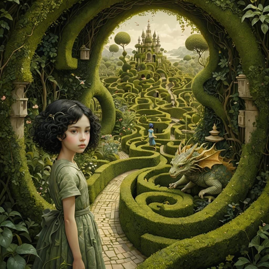 a (miniature young girl:2.0) with wild  curly  black hair on a journey traveling through a surreal wild ...  by @Jano