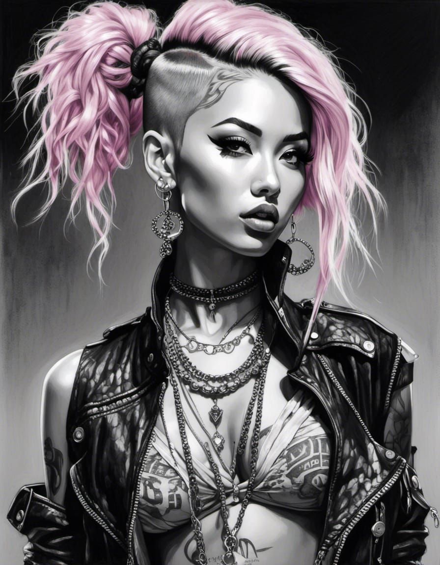 Punk Japanese Model at Chess Tournament: Pencil Sketch
