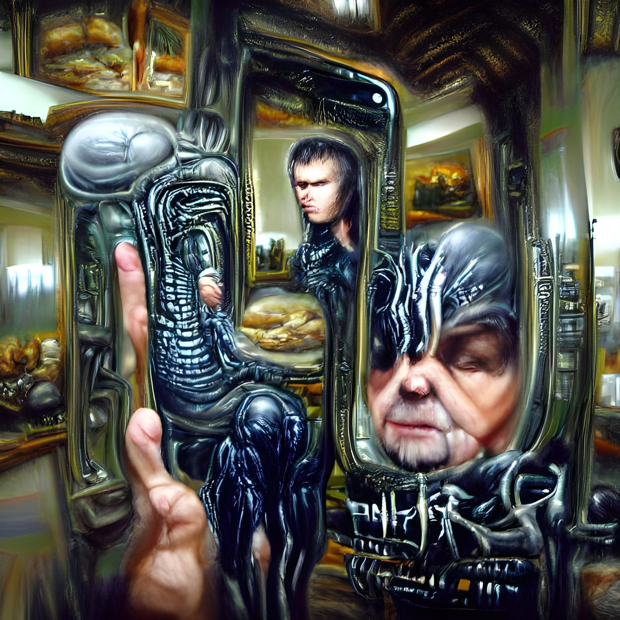 mirror selfie H.R. Giger 8k resolution detailed painting pol...