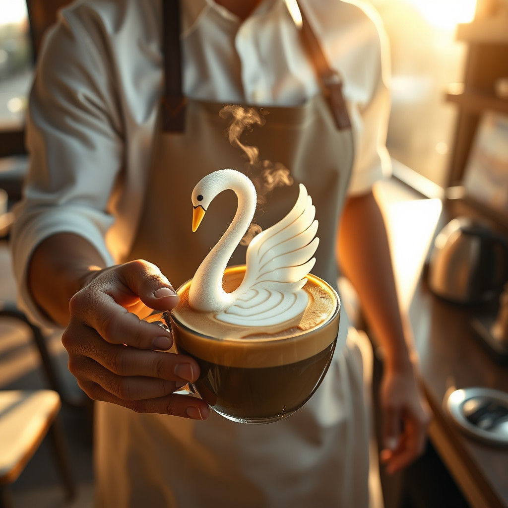 A2727. Digital matte painting. Medium shot. A barista carefu...