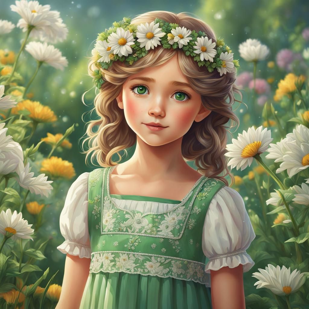 illustration of a young girl with green eyes and dresses, sh...
