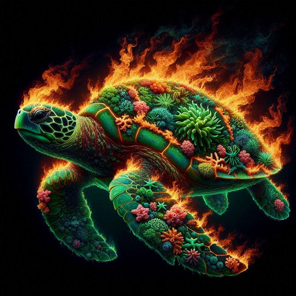 Green Sea Turtle Made of Fire