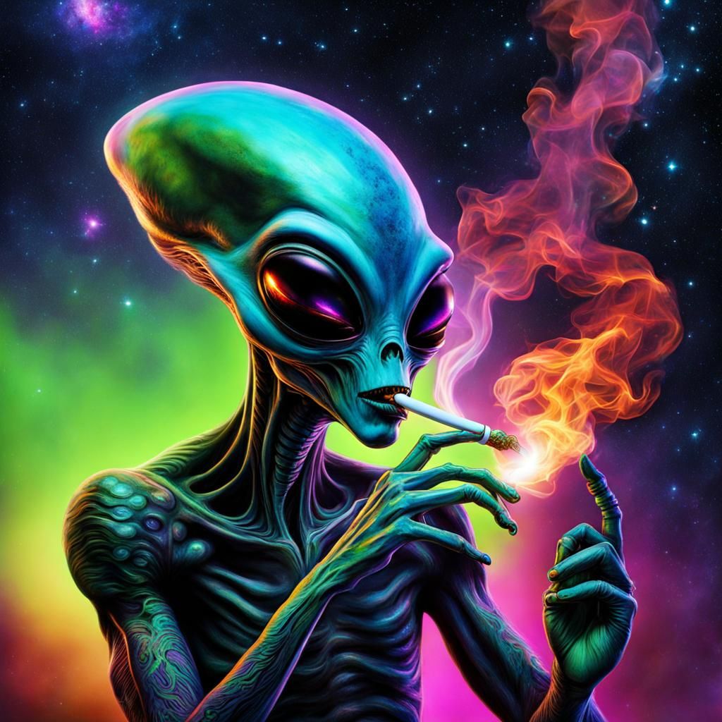 alien smoking a joint, trippy, galaxys 



