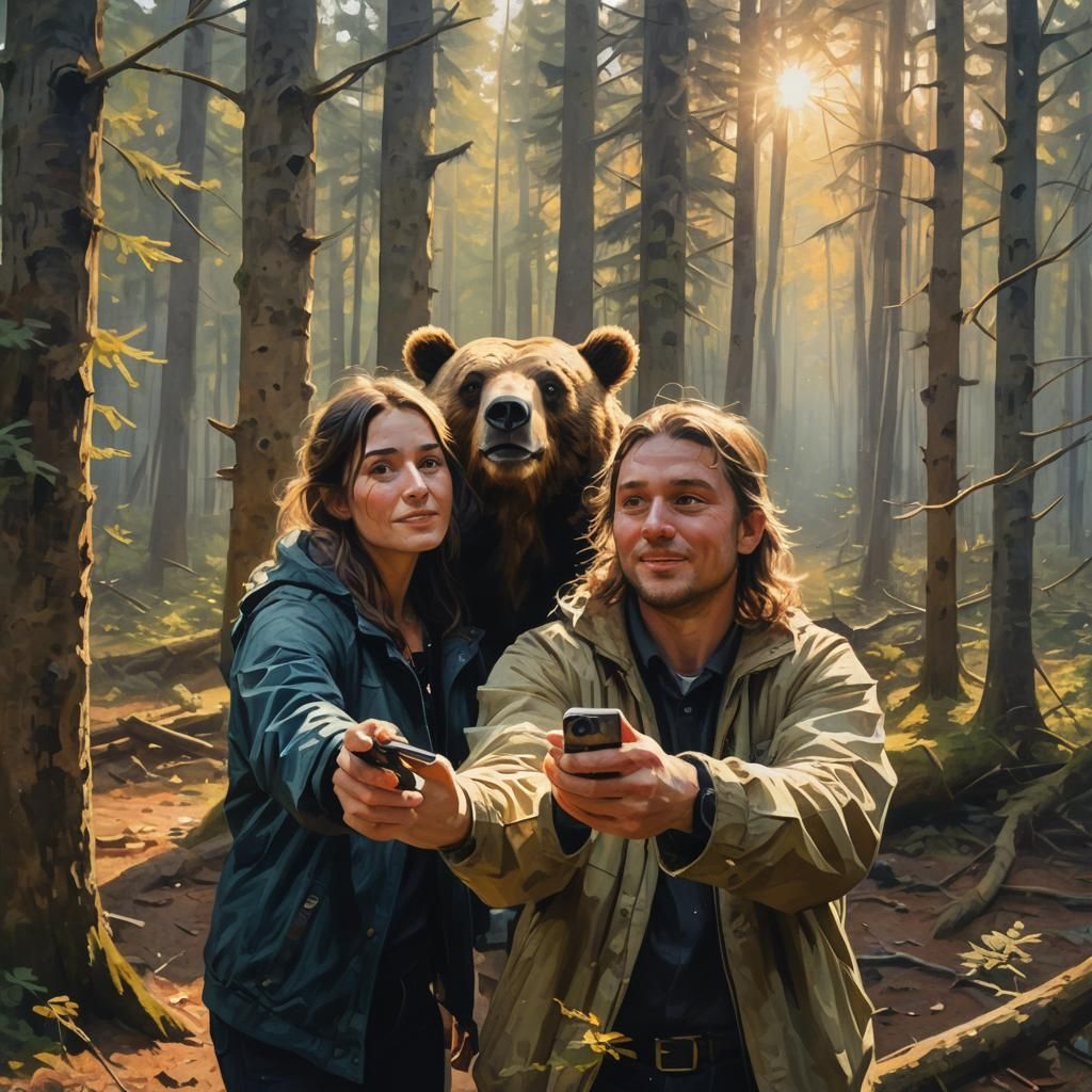 A couple is taking a selfie in the Canadian forest and a bear appears behind them. trending on Artstation ...  by @Helent