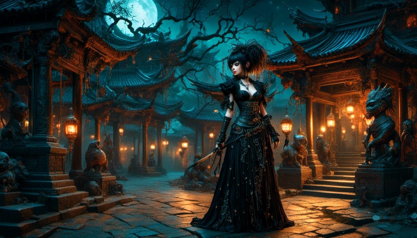 Punk Ninja in Temple Courtyard: Digital Painting