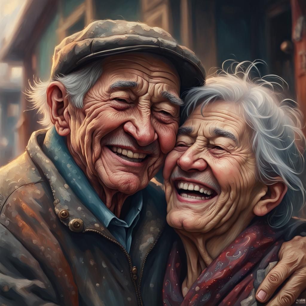 portrait of an old couple hugging and laughing