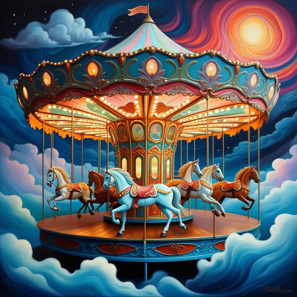A brightly painted carousel glowing at night