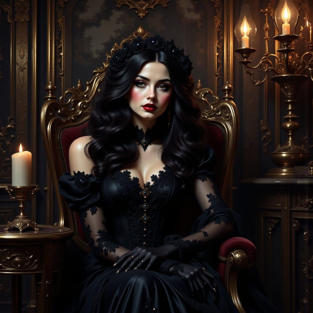 Gothic Queen on Throne in Baroque Chamber