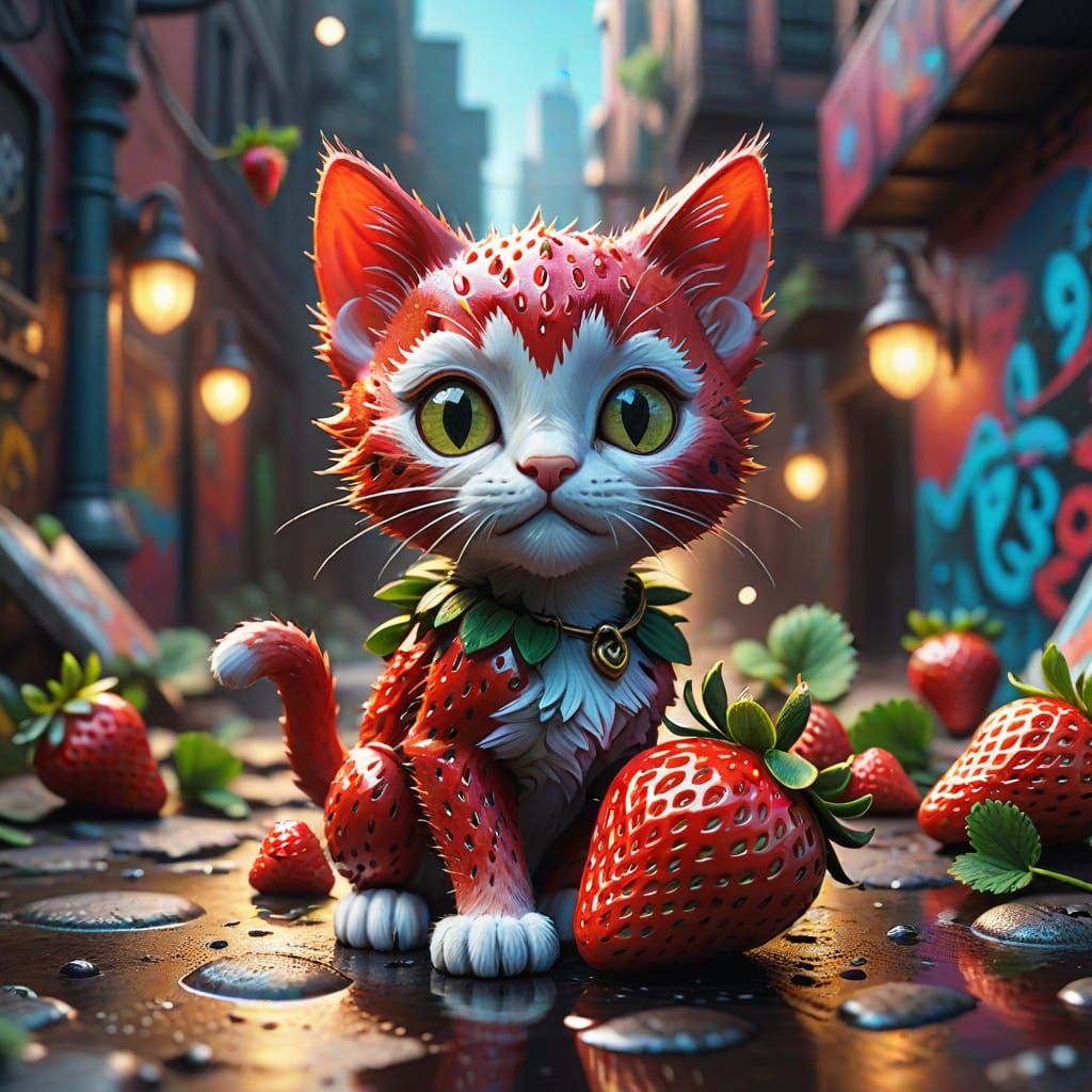 Teeny Tiny Strawberry-Kitten 🍓+🐱 detailed realism fusion  by @LilacVenom