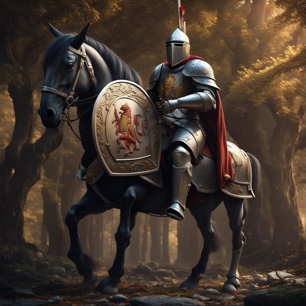 a knight sitting on a horse holding a large shield in one hand with the ...