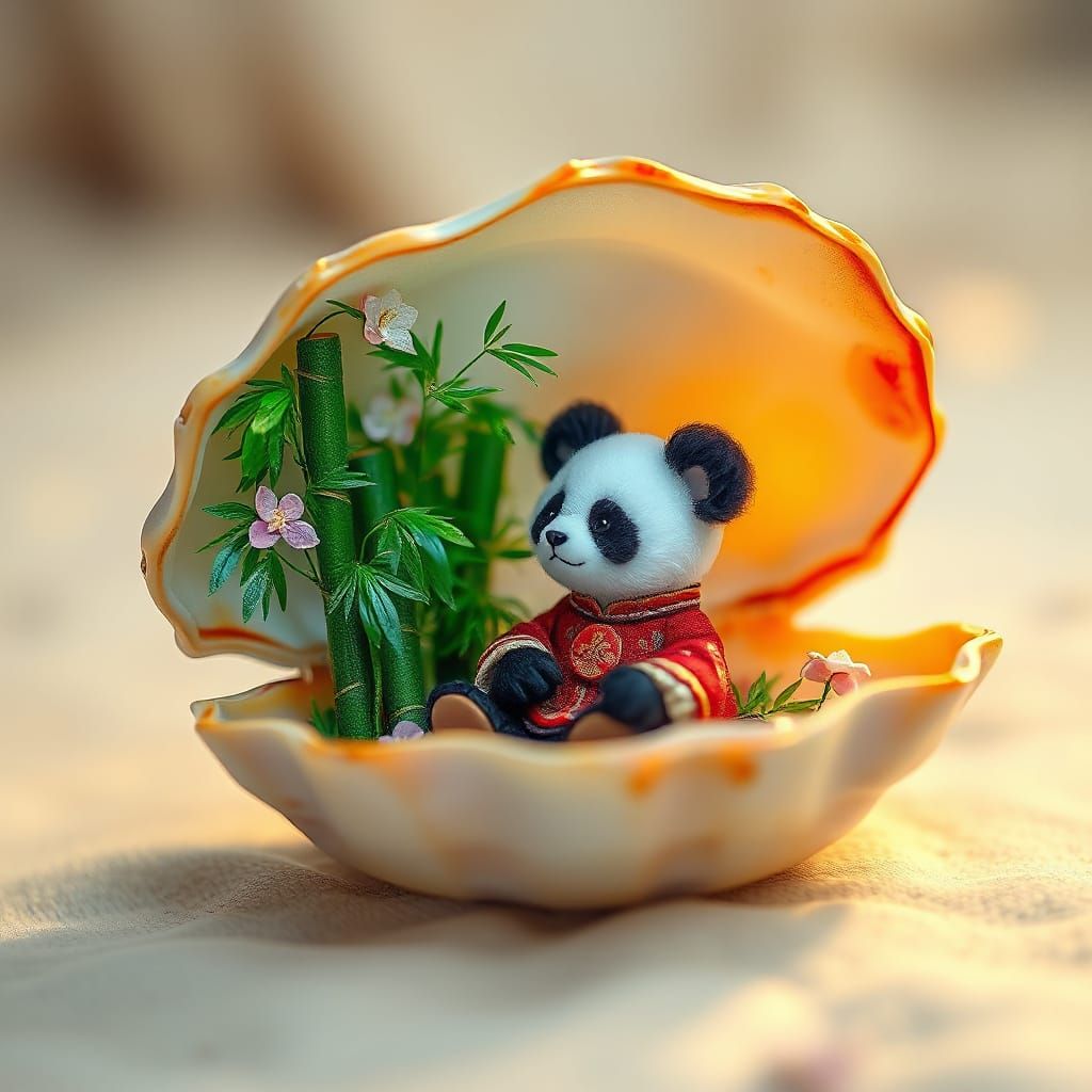 A miniature panda in an open clamshell.   by @Kaydenpat