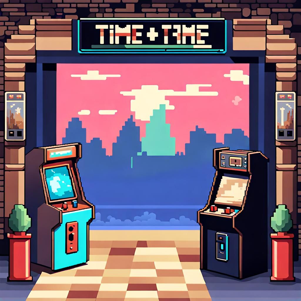 "Pixelated Time-Travel Arcade Adventure" Design a pixel art scene depicting an adventurous 