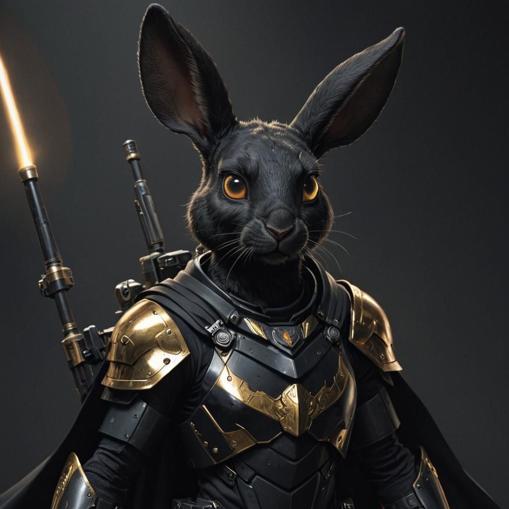 Design a detailed realistic poster featuring a realistic full black rabbit with no facial hair, very big and long ears, large glowing white...