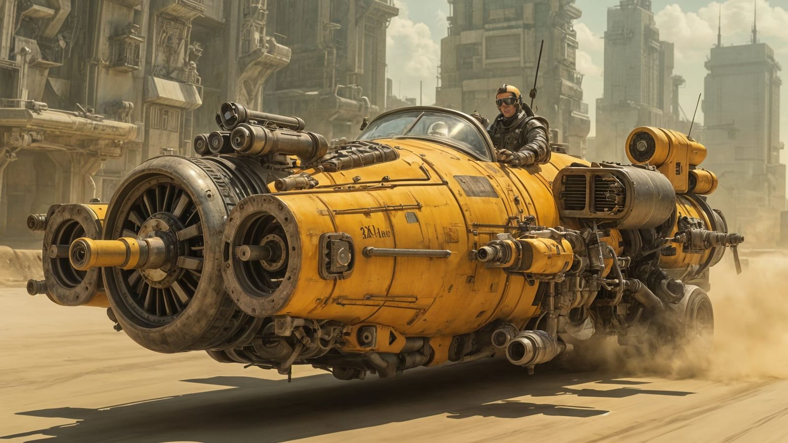 "A highly detailed, yellow, futuristic hovercraft with a sleek yet rugged design, ...  by @ByToi