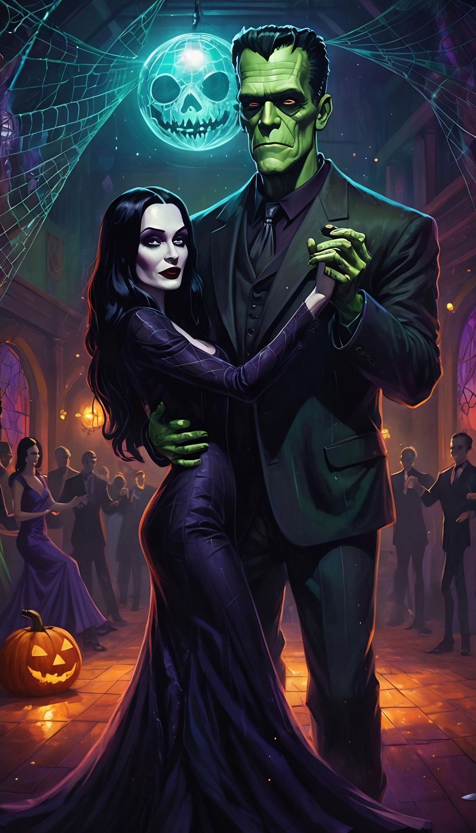 Frankenstein and Morticia Addams, the first dance of the ball   by @Rietpetiet 