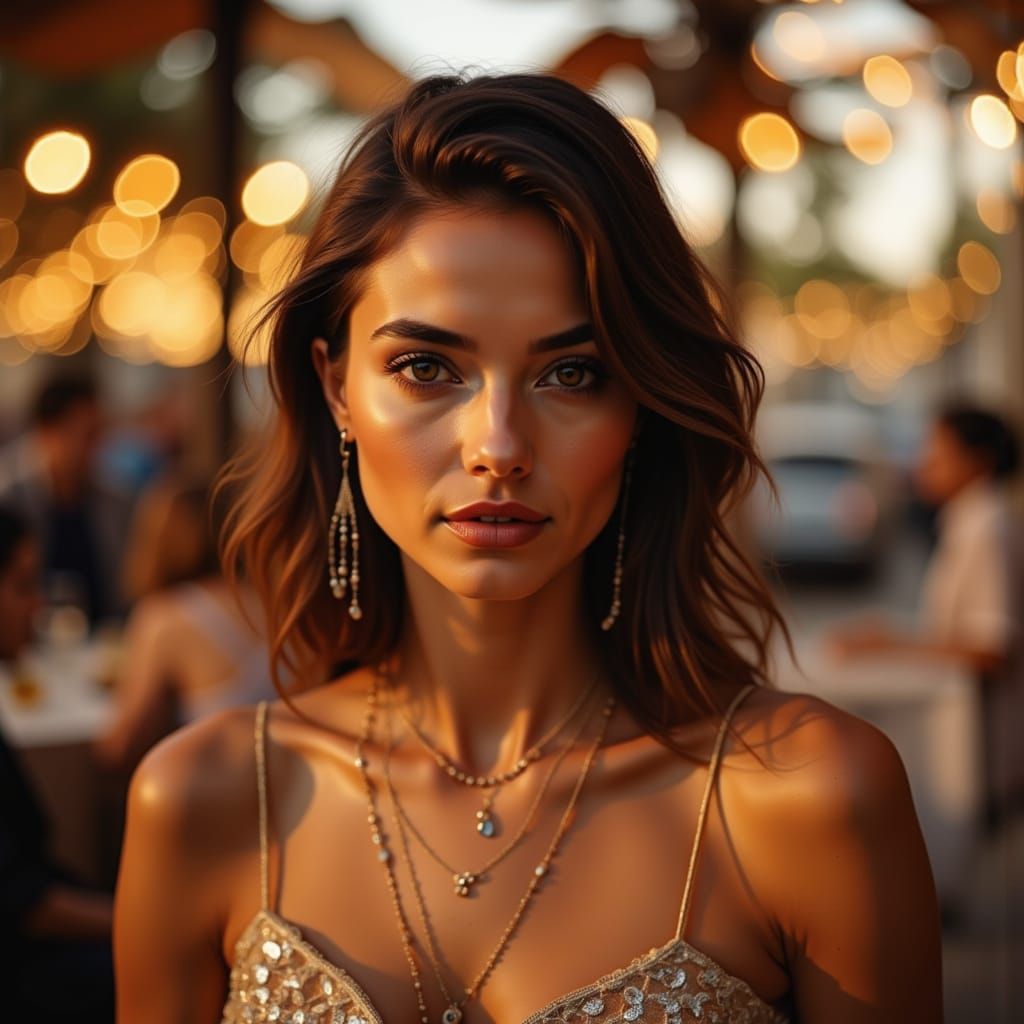 Elegant Woman in Lace Gown Under Golden Hour Glow