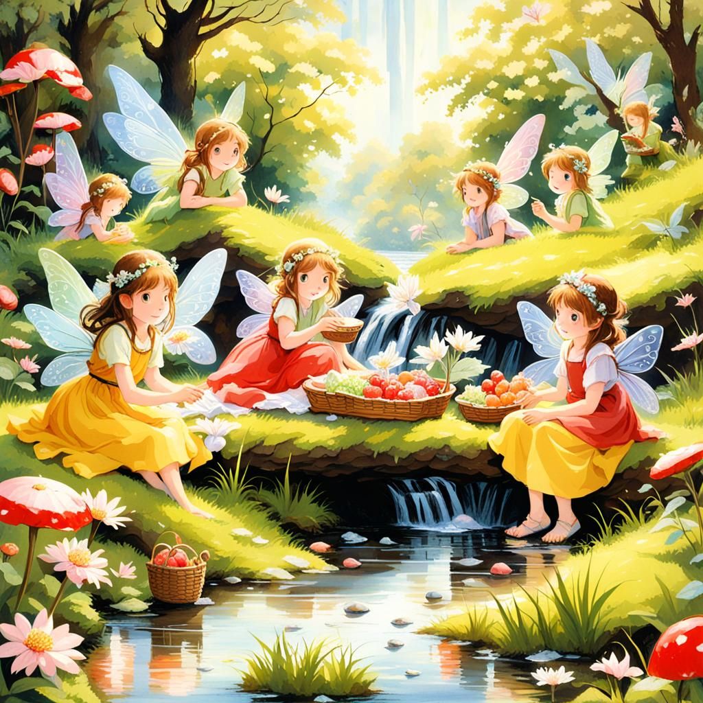 Fairies having a picnic by a trickling stream