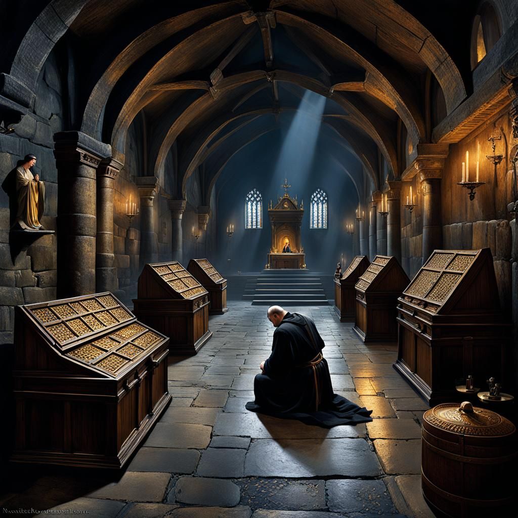 A dark and cold medieval lair, an enormous chamber with humi...