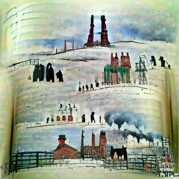 "Fred Dibnah and the chimneys" by L.S.Lowry