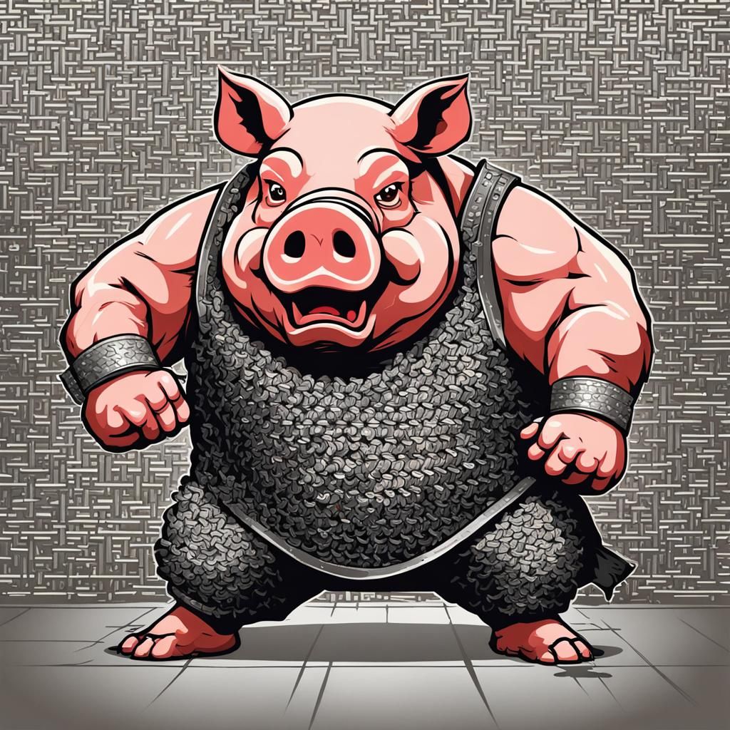 Big pig in chain mail Kung fu fighting in a dojo