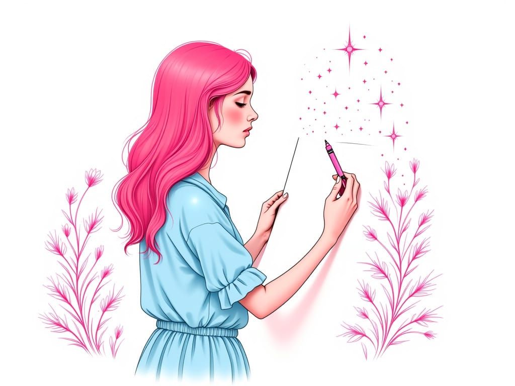 Woman Drawing Vibrant Scenery in Minimal Line Art Style