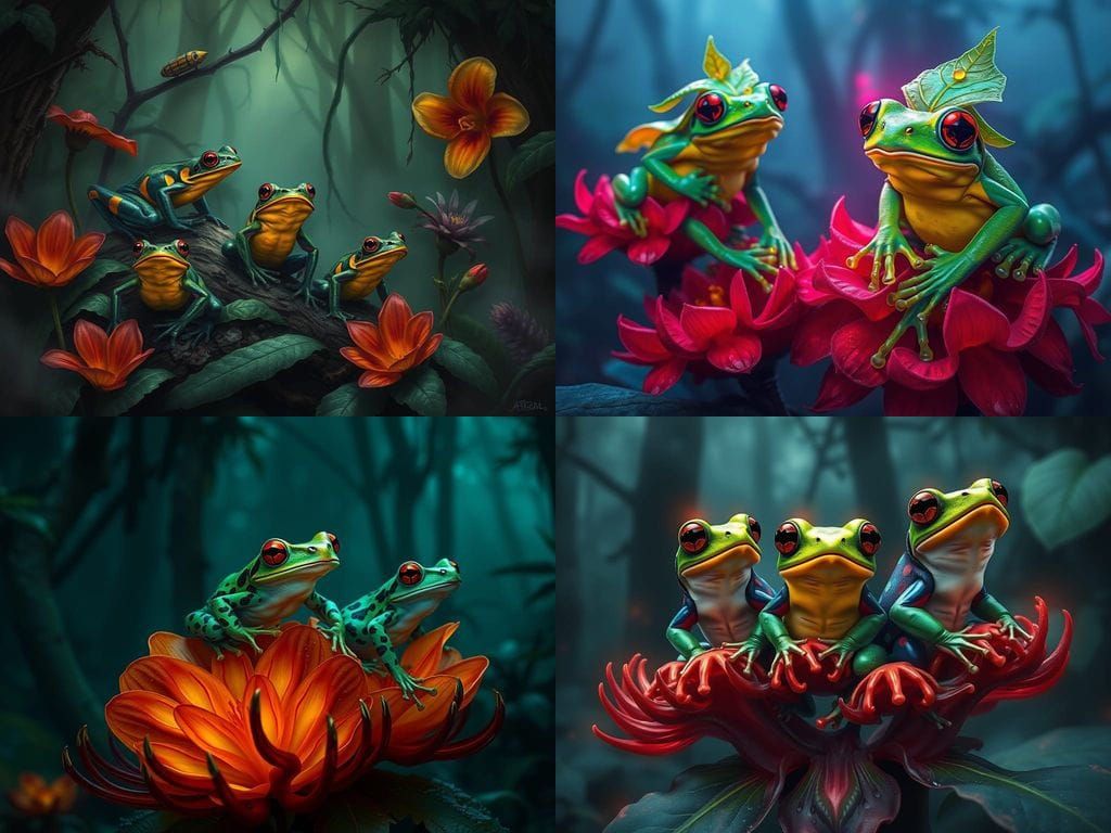 Vibrant Poison Frogs in a Dark, Primeval Forest