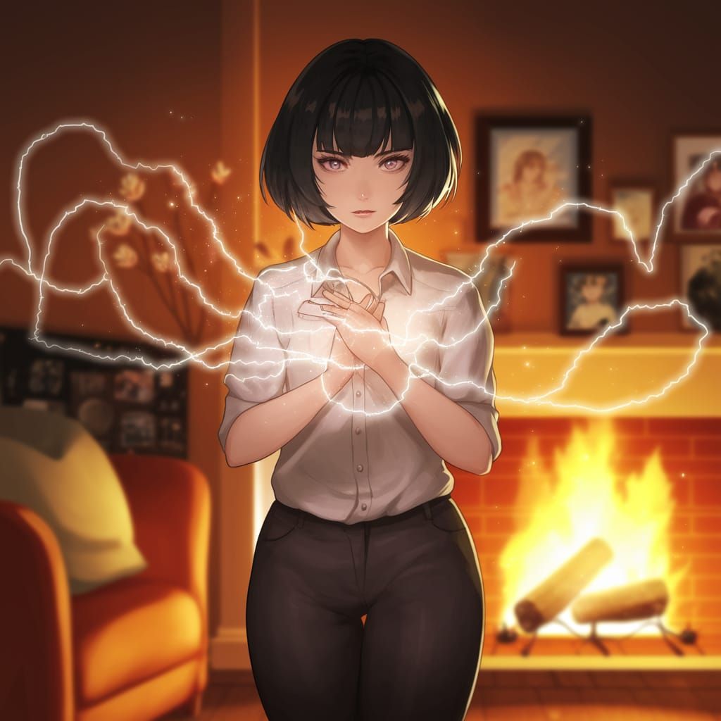 Anime Woman Unleashes Electrical Power in Cozy Living Room