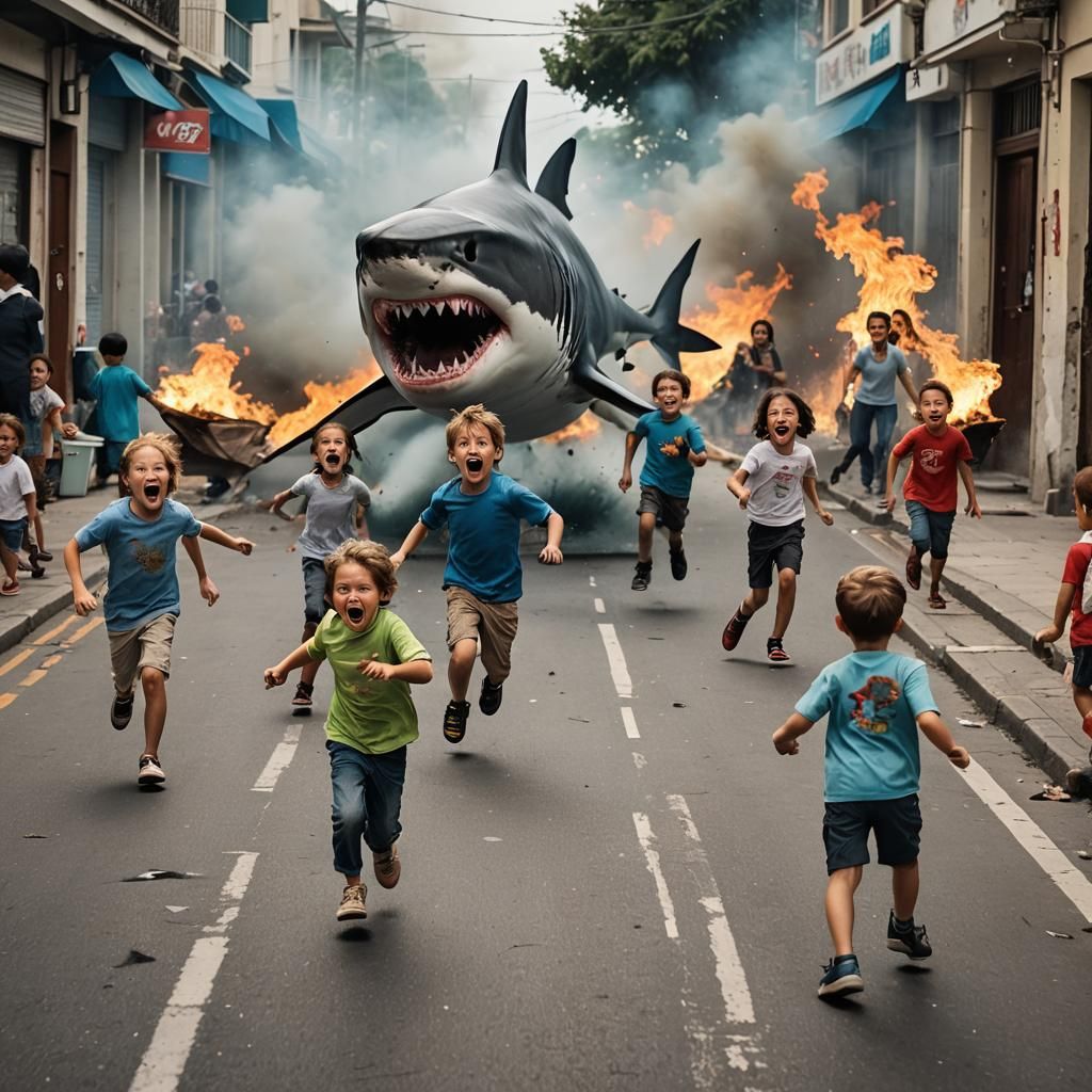 Children being chased by sharks in the street. Lots of fire and ...