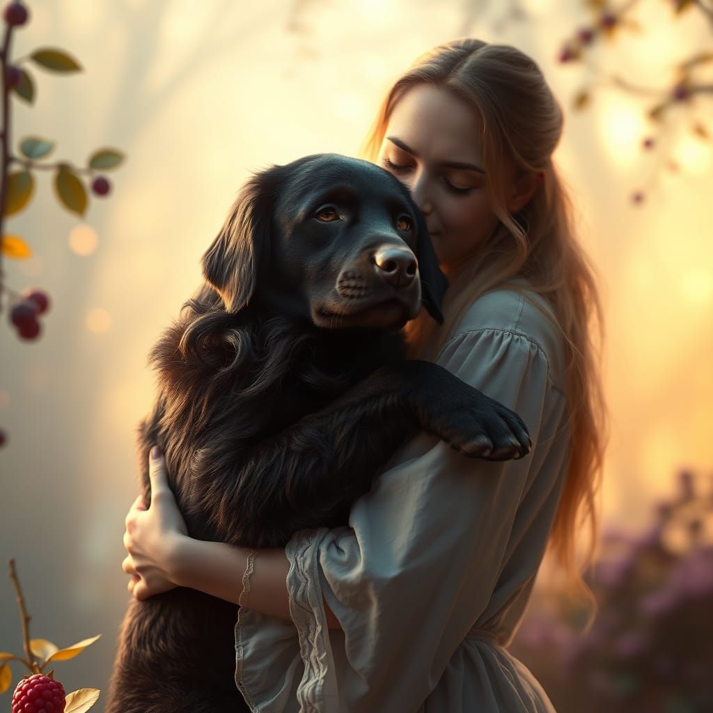 Serene Woman Cradles Blackberry-Fused Labrador in Dreamlike ...