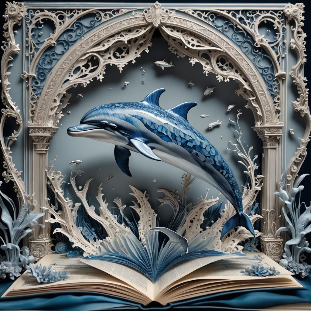 pop-up book showing a jumping dolphin  by @Mino