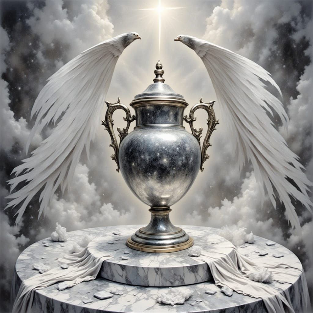 <lora:Silvery Intensity:1.0> Artistic painting of a silver marble vase on a pedestal, white heavenly light shining around it, white drapes a...