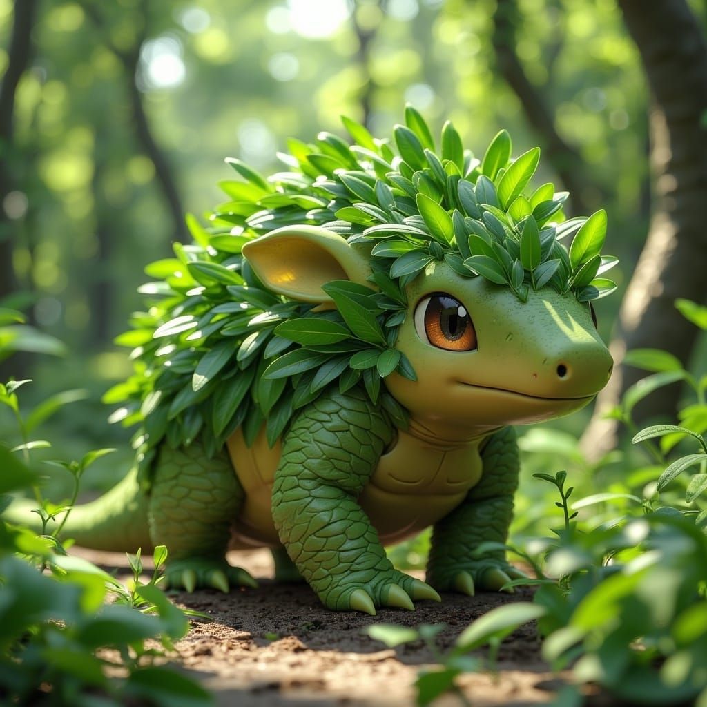 <lora:Fantasy Creatures:1.0> A Grass/Ground-type armadillo Pokémon covered in green leaves for camouflage, in the style of cartoon realism,...