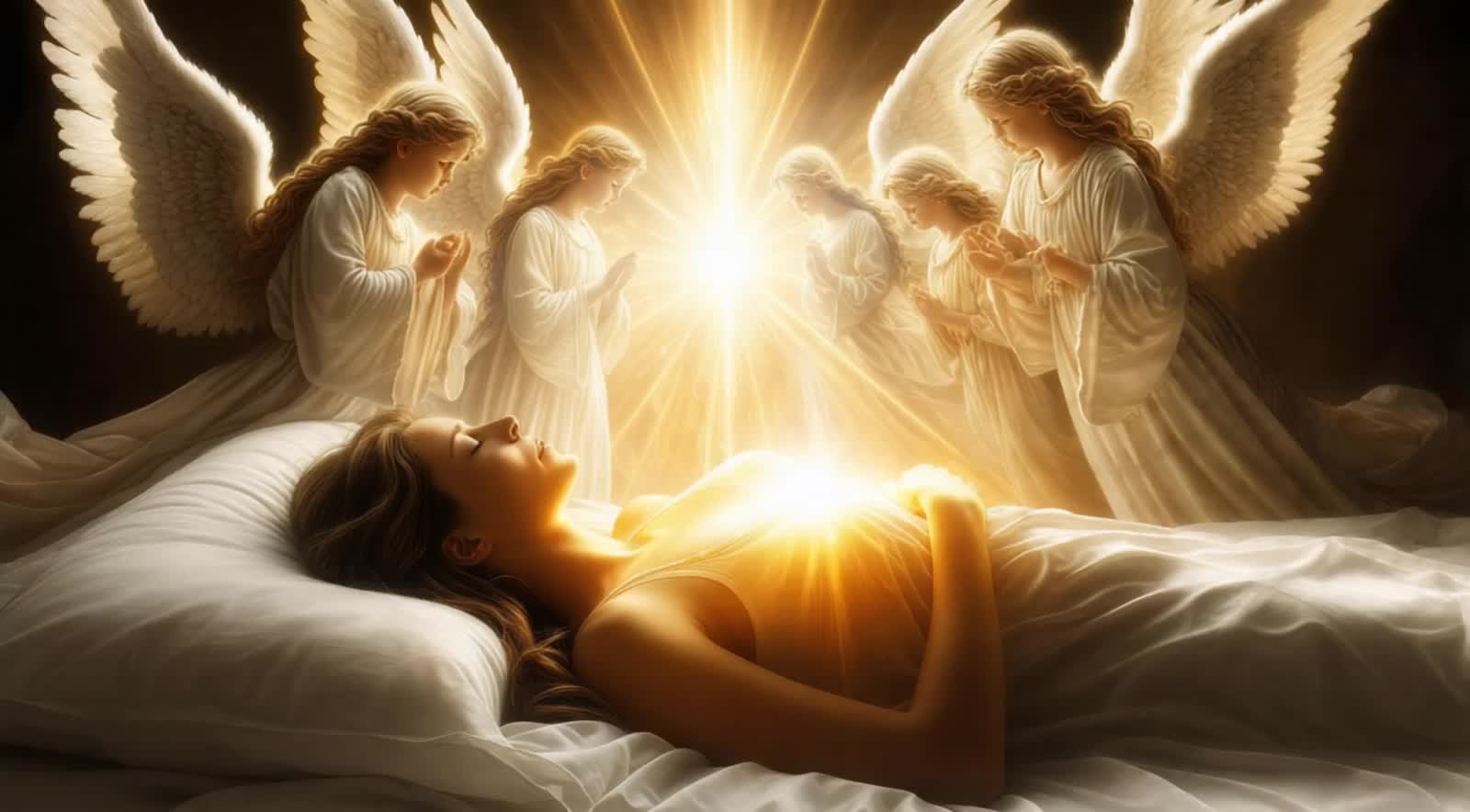 A vision  of A woman in bed as her soul leaves her body in a glorious bright light surrounded by angels