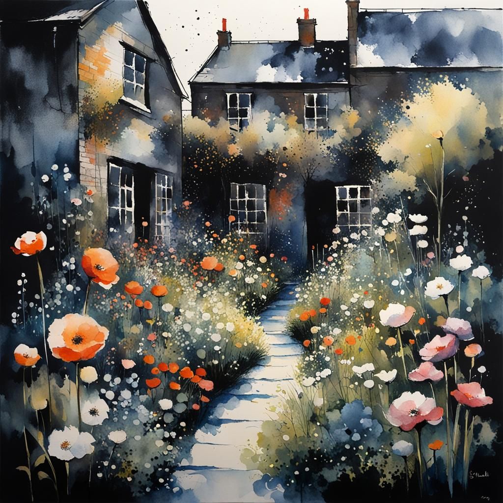 blooming garden in a dark backyard between big dark houses, by Stewart Edmondson, Thomas Wells Schaller ...  by @GRAZYNA-BARBARA