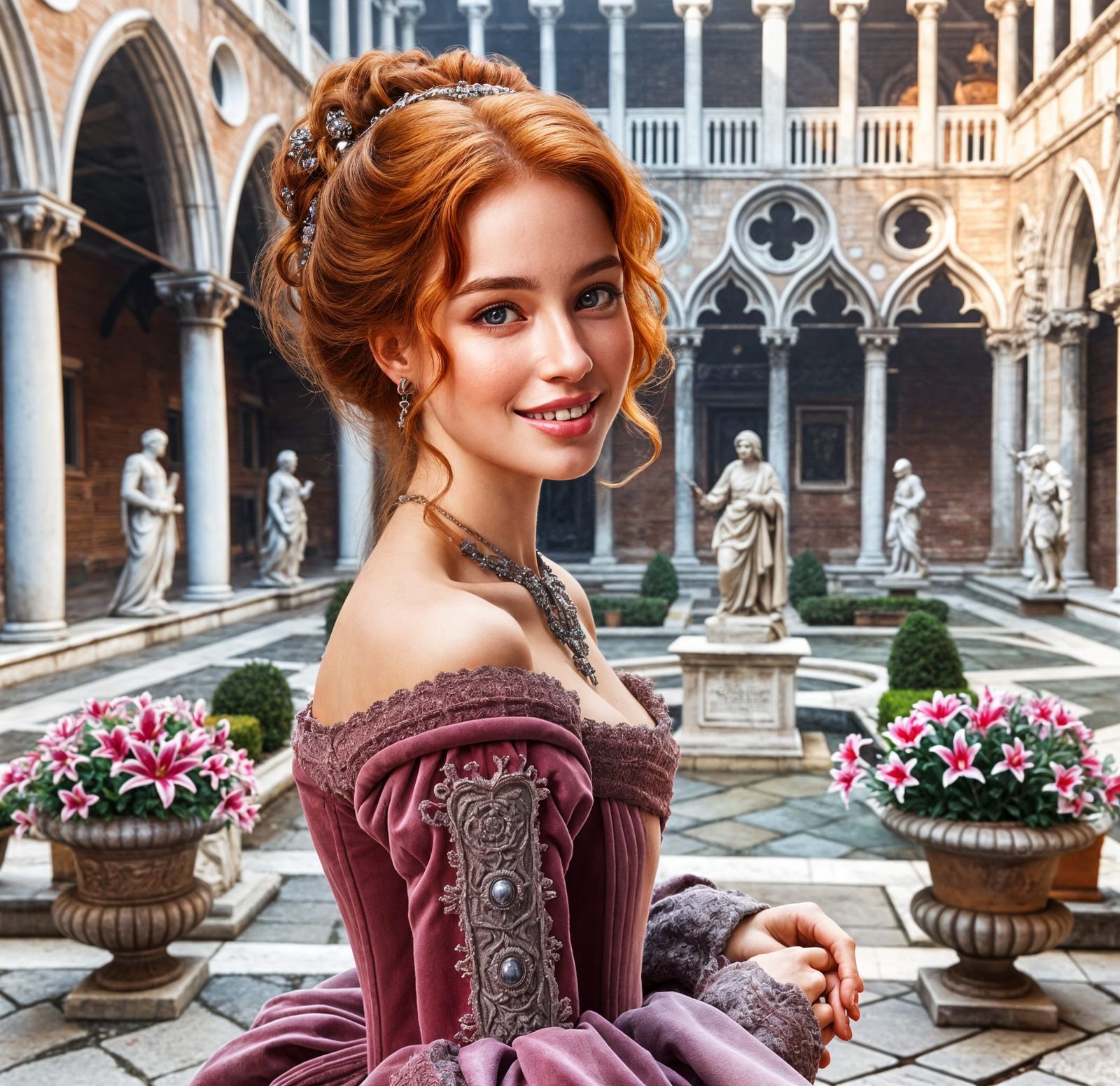 Венецианка в лиловом стоит во внутреннем дворике