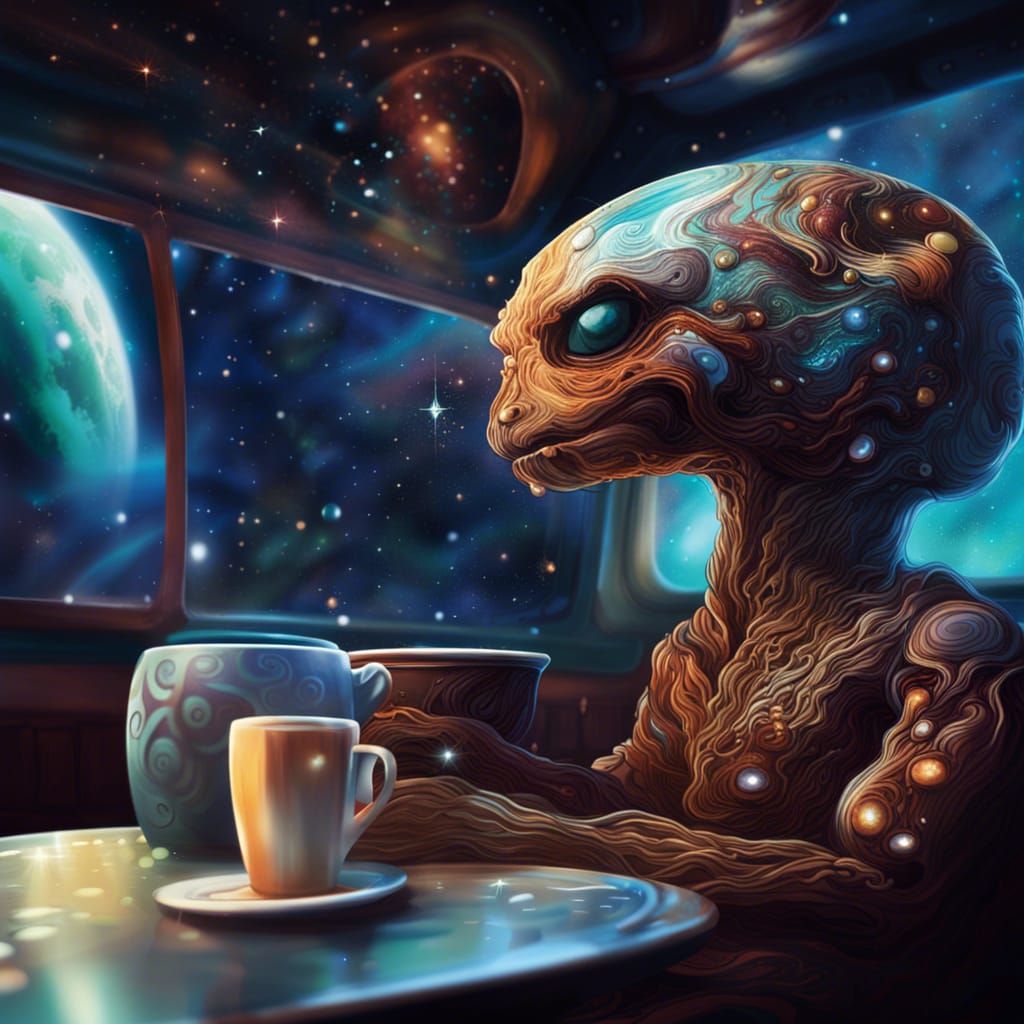 Extraterestrial liveforms in a oldfashioned Vinylcaffee in space where they drink coffee and watch the ...  by @Daisuky