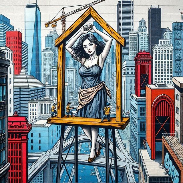 A wonky wooden framework scaffolds the woman, surrounded by ...