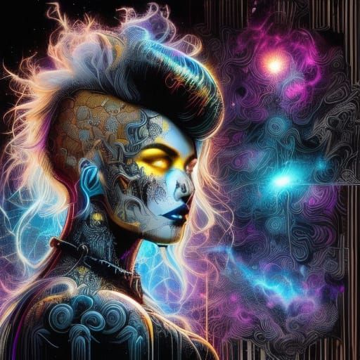 Celestial Warrior with Shimmering Eyes and Starburst Skin