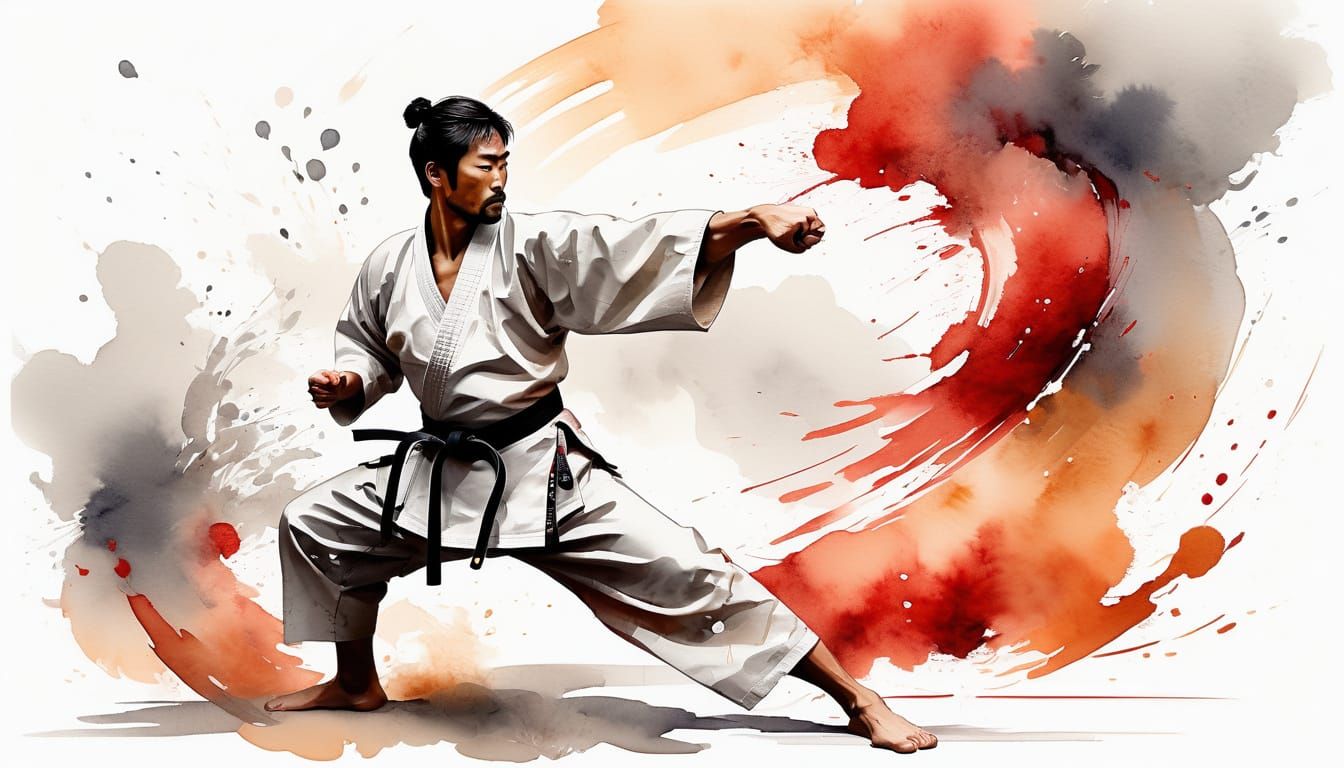 A determined karate master, rendered in a wet-on-wet watercolor style with alcohol ink accents, executing a powerful front kick, his gi cris...