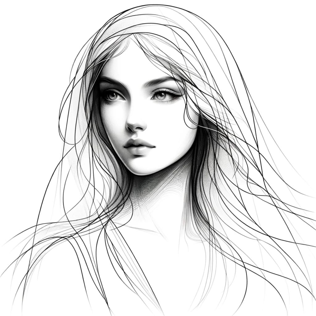 Create a minimalistic black and white sketch of a young and perfect
