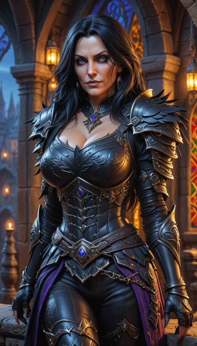 medieval setting, night, raven hair, beautiful 45 years old woman, gorgeous big bosom,  black armor, a thief, View of full body, masterpiece...