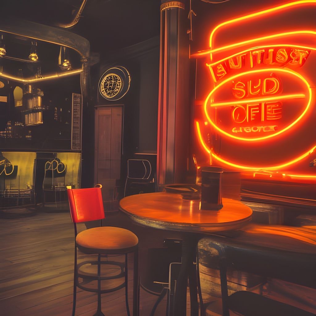Steampunk café with classic neon sign  by @Eto Demerzel