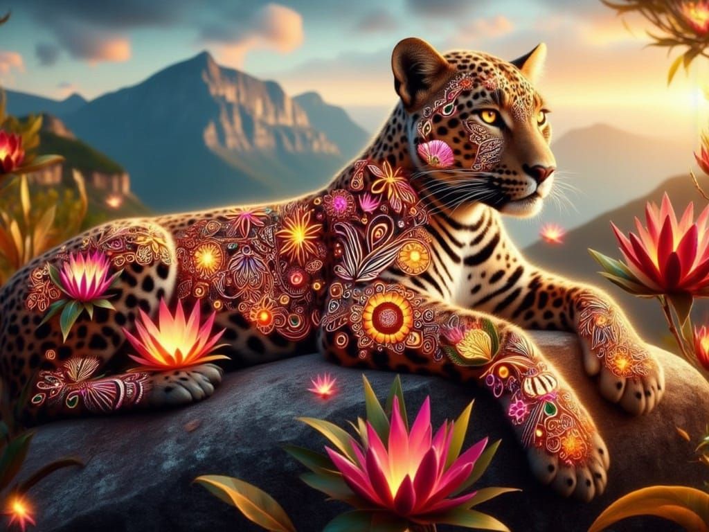 <lora:FiosAnimalGlowInk:1.0> African Leopard with Protea and Pincushion symbols
